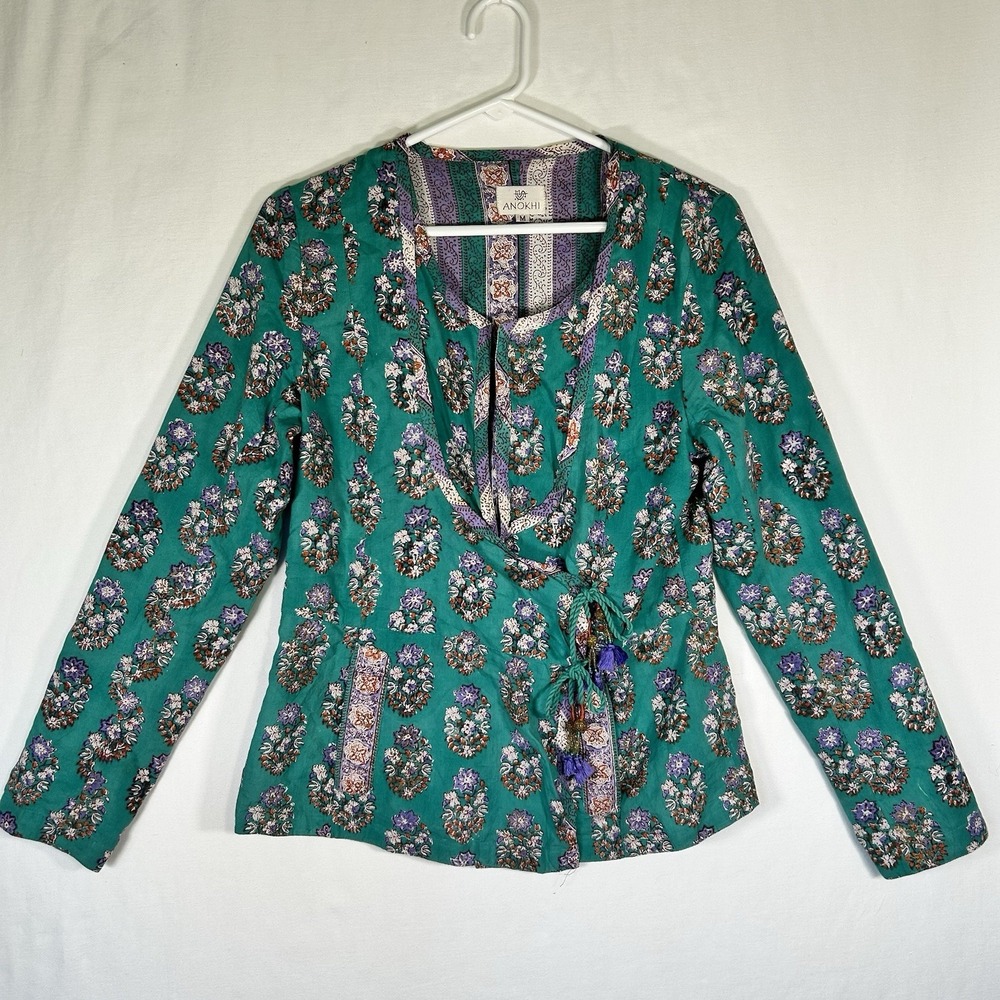 Anokhi Indian Cotton Block Print Jacket Green Purple Floral Tie-Front Boho Med